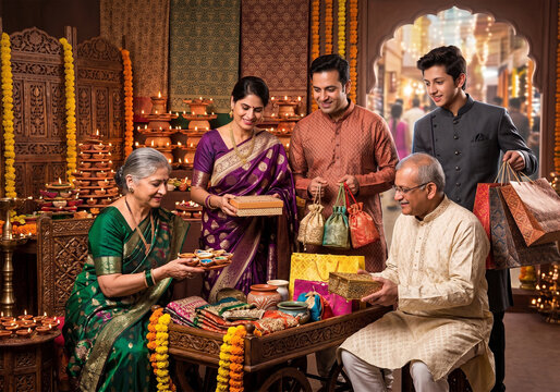 Indian family exchanging Diwali gifts with diyas, marigold garlands and shopping bags in traditional attire