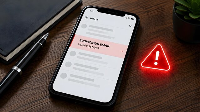 Mobile cybersecurity threat concept with smartphone displaying suspicious email warning and glowing red alert triangle on wooden desk