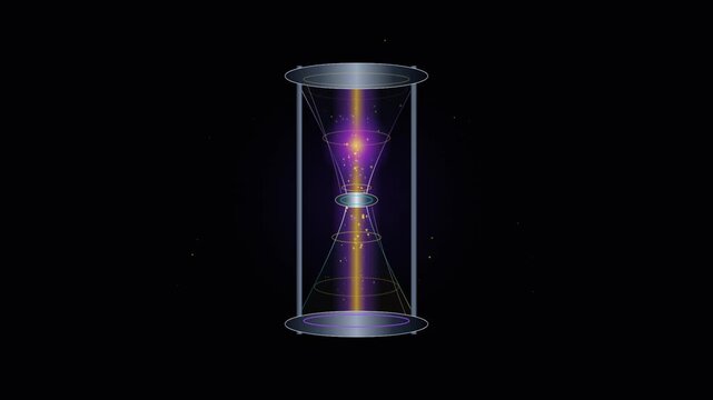 Futuristic hourglass with glowing particles and light beam floating in dark
