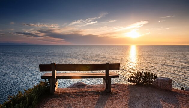 Wooden Bench Overlooking A Calm Ocean At Sunset Water