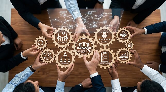 Business team aligning wooden gear wheels with icons for corporate strategy and teamwork