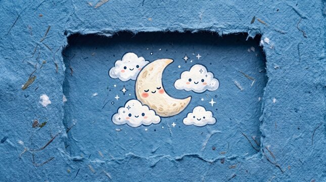 Cute cartoon moon and clouds on blue textured background