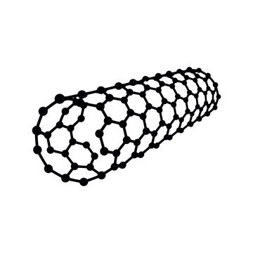 Carbon nanotube molecular structure vector, black graphene cylinder lattice, nanotechnology science illustration for research