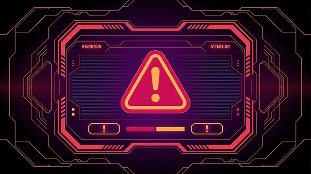 Attention hud frames. Danger alert red sign, warning frame tech system digital screen error caution button retro futuristic cyber security high exclamation text vector illustration  