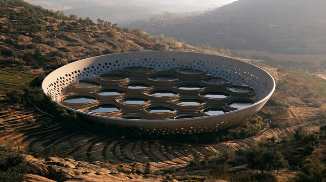 Modern architectural structure with circular pools on terraced hillside