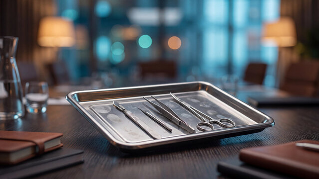 Surgical instruments on a metal tray rest on a dark wood conference table in an executive boardroom setting.