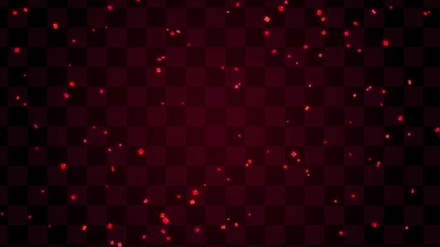 Red particles float and sparkle in cinematic slow motion against a dark background with subtle grid texture