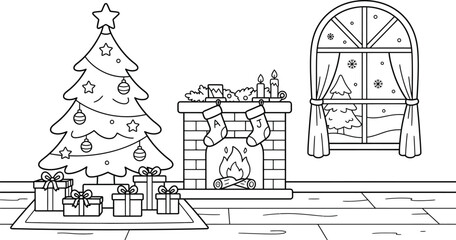 Naklejka premium A delightful winter scene with a christmas tree cozy fireplace and festive gifts perfect for coloring and holiday cheer