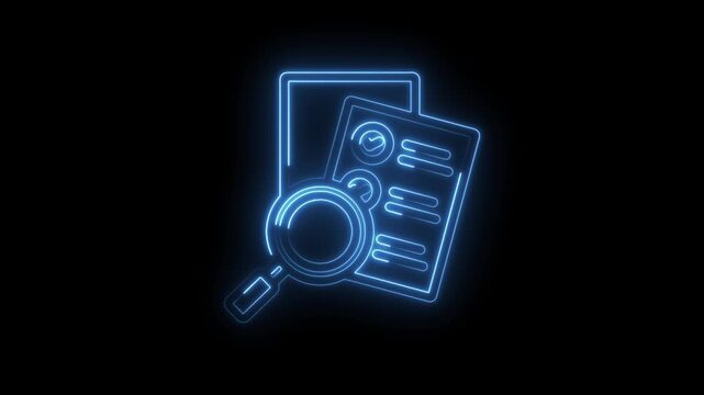 Blue neon glowing magnifying glass over document with charts and data on black background icon