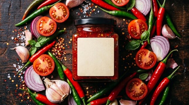 Homemade spicy chili sauce jar surrounded by fresh ingredients like red and green peppers, tomatoes, onions, and garlic on a dark wooden table, viewed from above.