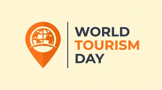World Tourism Day typography with orange map pin icon, global travel holiday banner, international tourism celebration graphic