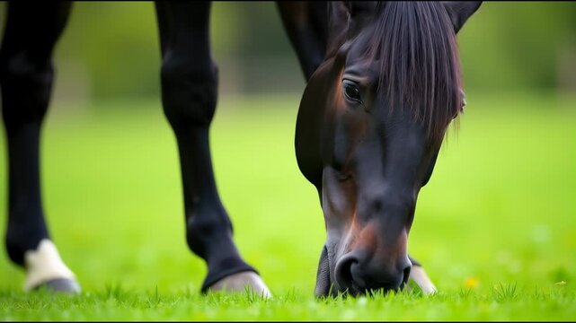 Close-up shot of a horse eating grass in a natural setting