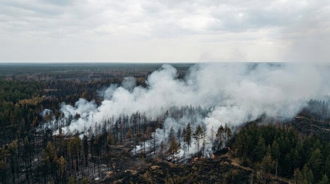 Aerial view of a massive wildfire spreading smoke through a dense coniferous forest.