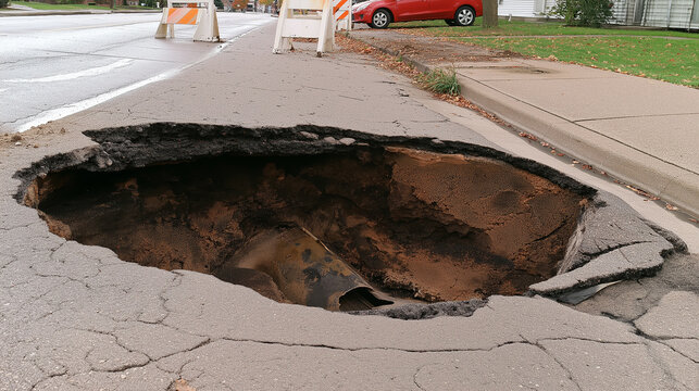 Large sinkhole in sidewalk with exposed dirt and broken pipe