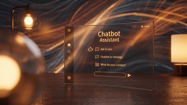 Chatbot assistant interface appears on a transparent glass screen set in a warmly lit room, providing an interactive AI experience for users seeking digital help in a modern home environment.