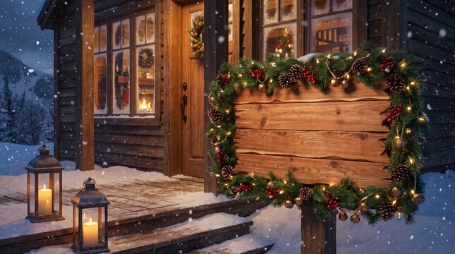 Blank Wooden Christmas Sign on Snowy Cabin Porch