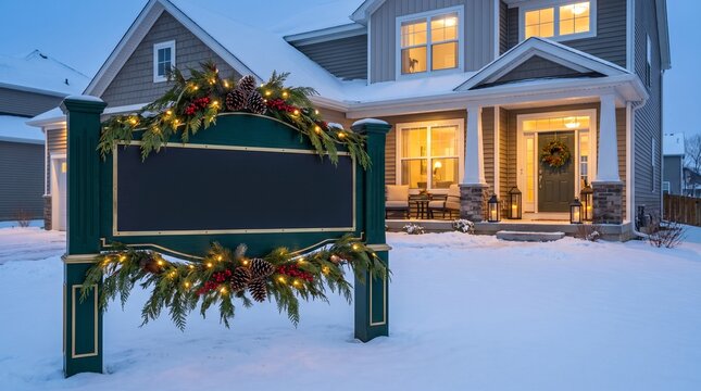 Blank Holiday Real Estate Sign in Front of Snowy Home