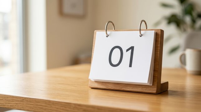 Wooden desk calendar showing the number zero one on a blurred table isolated on transparent background