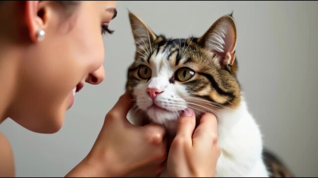 Woman gently brushing her cat's teeth with her hands