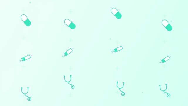 Floating medical icons background with stethoscopes pills and syringes in cyan color seamless render pattern motion graphic style