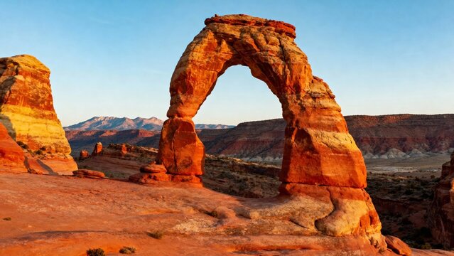 Delicate Arch at sunset in a desert landscape with red rock formations and distant mountains