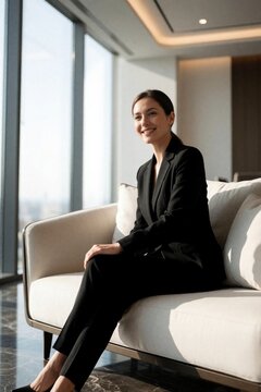 Businesswoman in black suit sits on modern sofa near large window. She smiles confidently, exuding professional energy in a bright office lounge. Natural light illuminates her.