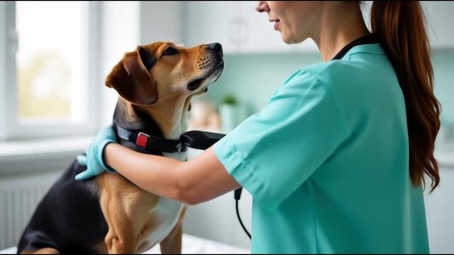 Woman brushing dog's hair, close-up