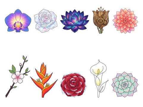 A high-quality collection of ten stylized floral illustrations featuring themes like steampunk, crystalline, galaxy, frozen, and minimalist line art designs on a white background.