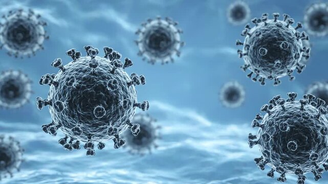 HIV virus particles floating slowly through a clean biological environment