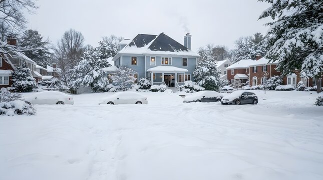 Snowy suburban scene with a large house and frosted trees on a winter day