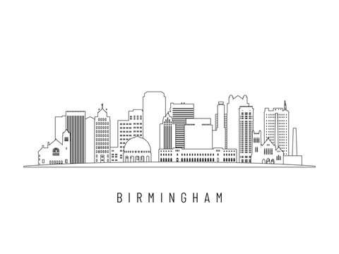 Detailed Birmingham skyline vector illustration. Birmingham buildings in line art style, perfect for modern designs.
