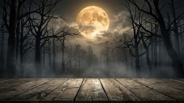 Full moon shining over a wooden floor in a dark spooky forest night isolated on transparent background