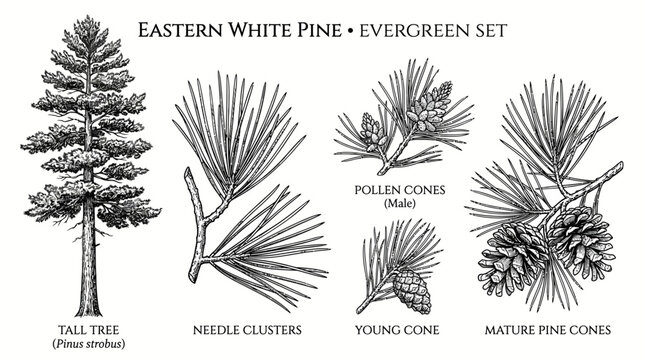 Very beautiful black and white realistic vector set of Eastern White Pine (Pinus strobus) featuring the tall tree, needle clusters, pollen cones, and pine cones, EASTERN WHITE PINE &bull; EVERGREEN SET, is