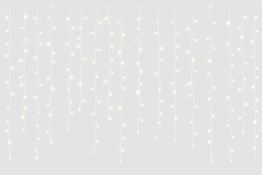 Warm white LED string light curtain overlay. Hanging fairy lights. Festive holiday decoration, festive holiday decoration element is isolated on a transparent background PNG