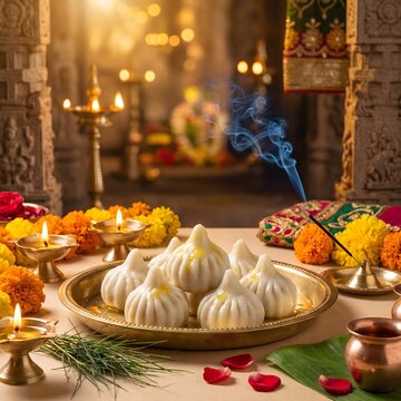 Traditional steamed modak offered on a golden plate during Ganesh Chaturthi festival, surrounded by diyas, incense smoke, and marigold flowers in a temple.
