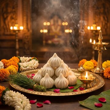 A stack of traditional white modaks on a golden plate with marigolds incense and diya for Ganesh Chaturthi festival offerings in a devotional temple setting