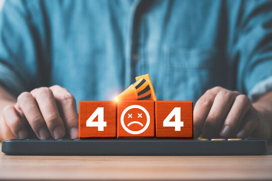 404 error page concept showing a broken website and online failure with warning sign as a user faces a missing webpage, server problem or unavailable internet content requiring technical support.