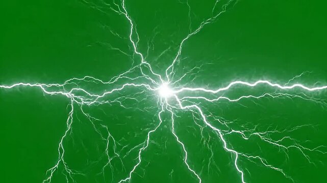 Electric lightning bolt discharge overlay, voltage energy spark effect on green screen background electricity