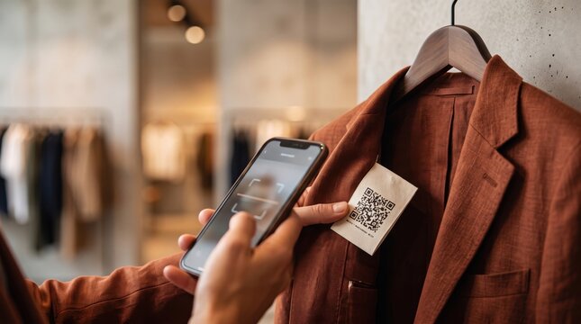 Shopper scanning a digital clothing tag on a jacket with a smartphone