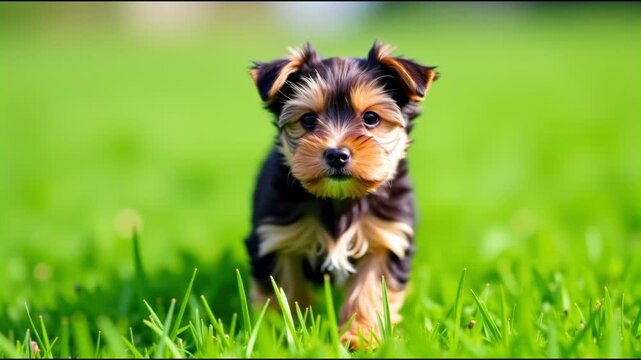 A small dog standing on top of a lush green field