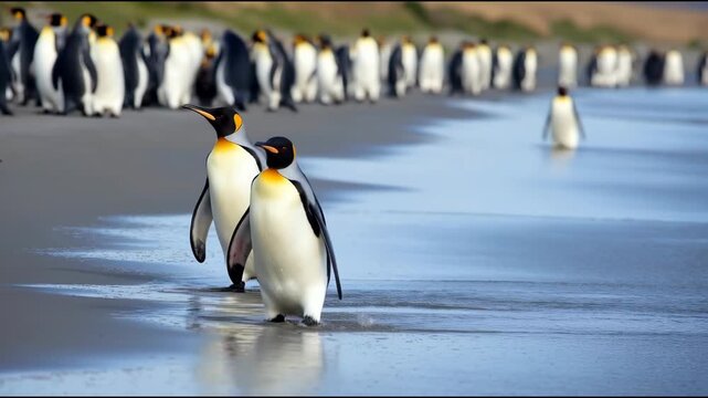 Penguins walking along a beach, natural habitat