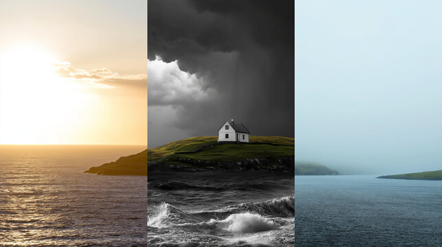Serene triptych of coastal views showcasing dramatic weather changes and a lone house in the distance