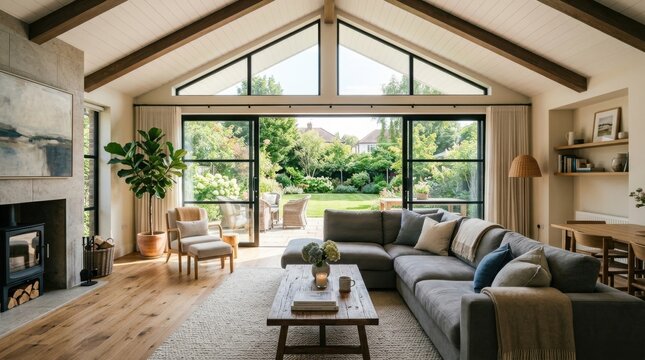 Modern living room with open garden doors and cozy sofa