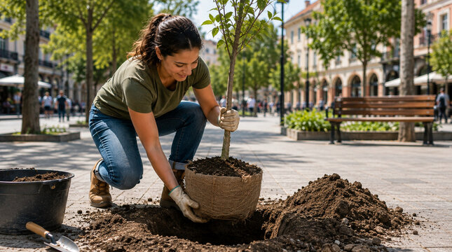 Voluntaria plantando &aacute;rbol nativo en plaza urbana