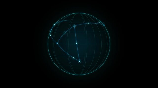 Neon Digital Globe Network Connections Node Map HUD Motion Graphic Black Background 4K Video