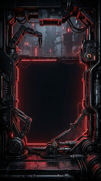 Futuristic Industrial Cyberpunk Frame with Robotic Arms and Neon Red Lights