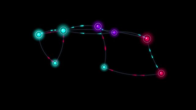 Futuristic Neon Cyan, Purple, and Red Connected Node Network and Data Flow Animation Loop for Cyber Technology and Artificial Intelligence Backgrounds