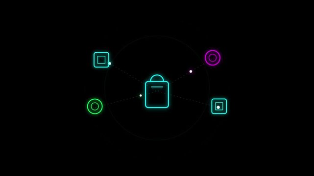 Glowing neon central node and connected tech elements HUD animation on a dark background - 4K video