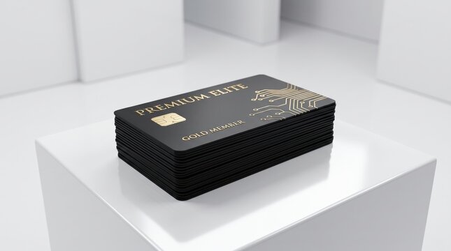 Stack of luxury premium elite black credit cards with gold chip and metallic leopard design on white pedestal