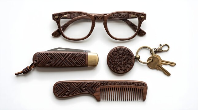 Personal wooden accessories collection neatly arranged on clean white background.